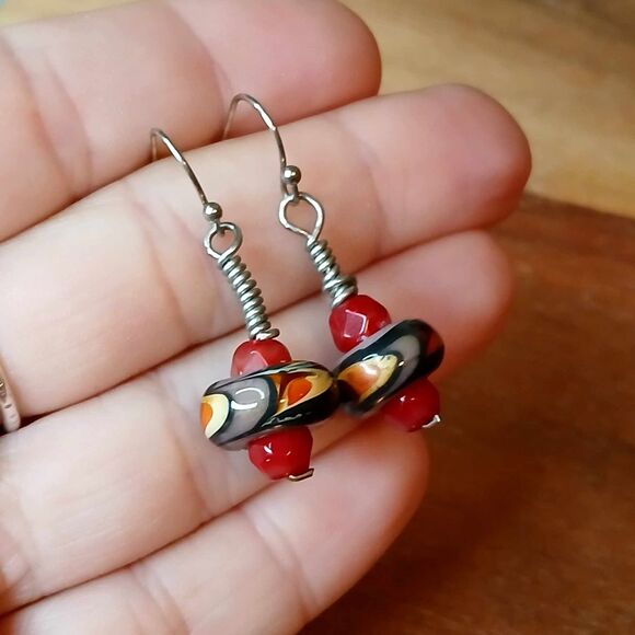 Glass Beaded Boho Dangle Earrings, Red Silver, Artisan - Picture 2 of 4